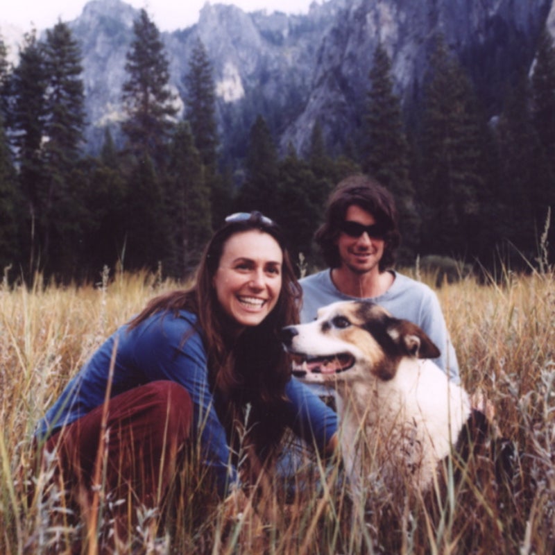 Davis, with her husband, Dean Potter, and dog pal Fletcher in Yosemite's El Cap Meadow.