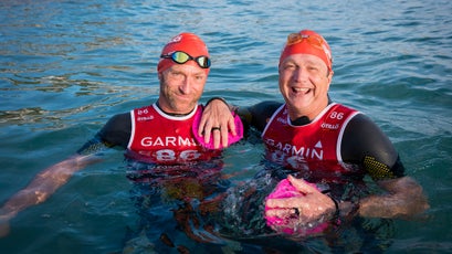The author (at right) and Alan Schmidt joined more than 300 Ötillö World Series swimrunners in Cannes.