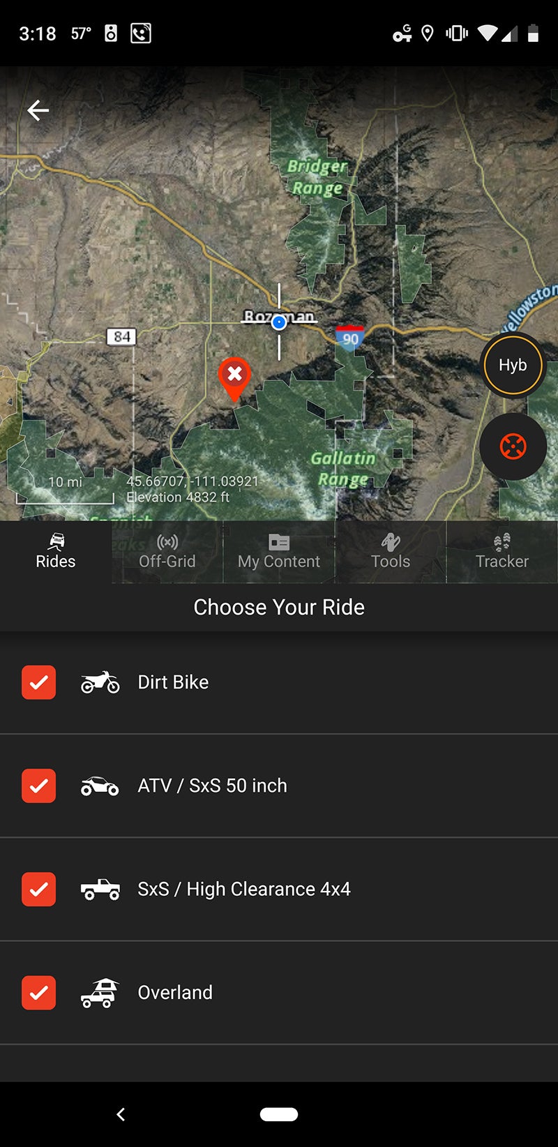 Let’s work through the steps it would take to plan a camping trip on OnX. Here I am in Bozeman, and I can select what kind of vehicle I have so the app shows the appropriate trails.