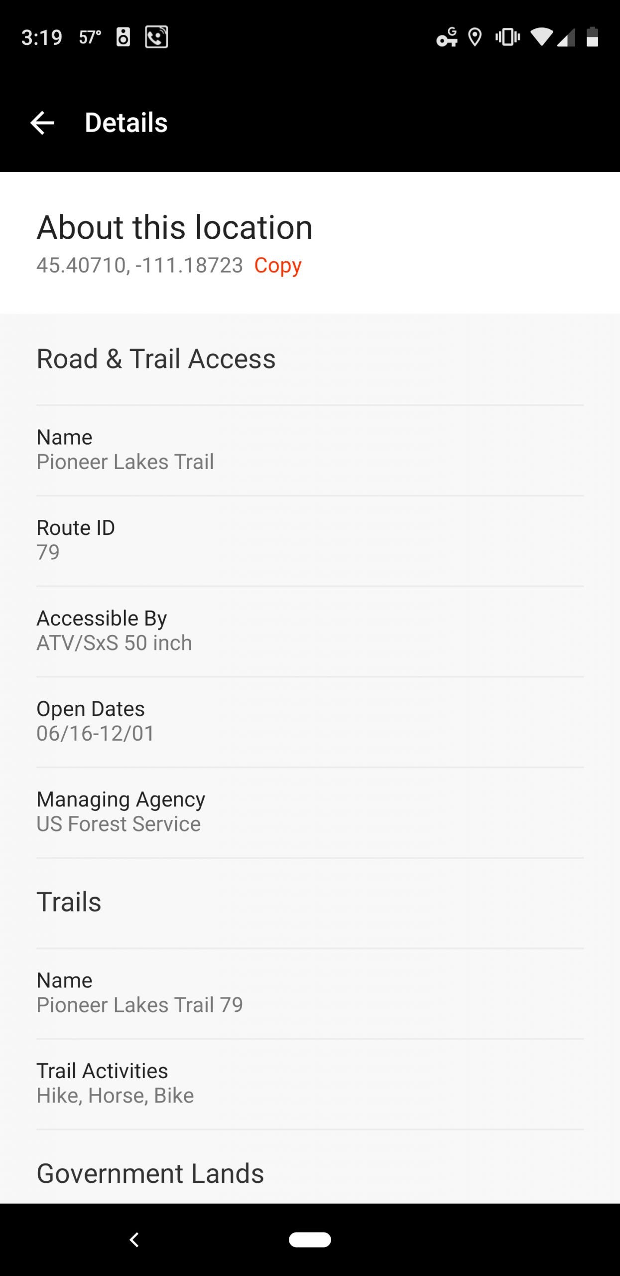 Clicking the trail I’d need to use to get to that lake brings up all its usage data. Here I can see that I’ll need to use a dirt bike or ATV to get there (or hike, but it’s a long way) and that the trail opens on June 16.