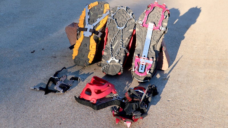 The relationship between traction and weight is inverse: the heavier the device, the better the purchase (with a rate of diminishing returns). From left to right: Pocket Cleats, MicroSpikes, and the original aluminum-spiked Kahtoola KTS crampon.