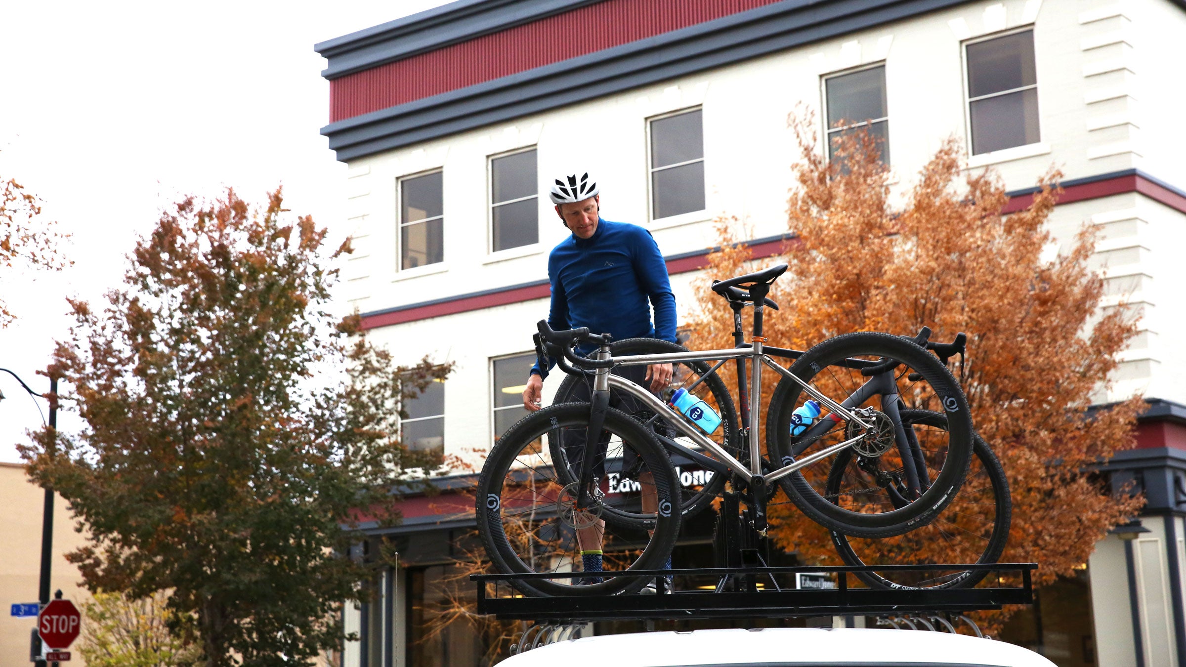 Test director Aaron Gulley surveying two of the more than 25 road bikes we put through the paces in Grand Junction, Colorado