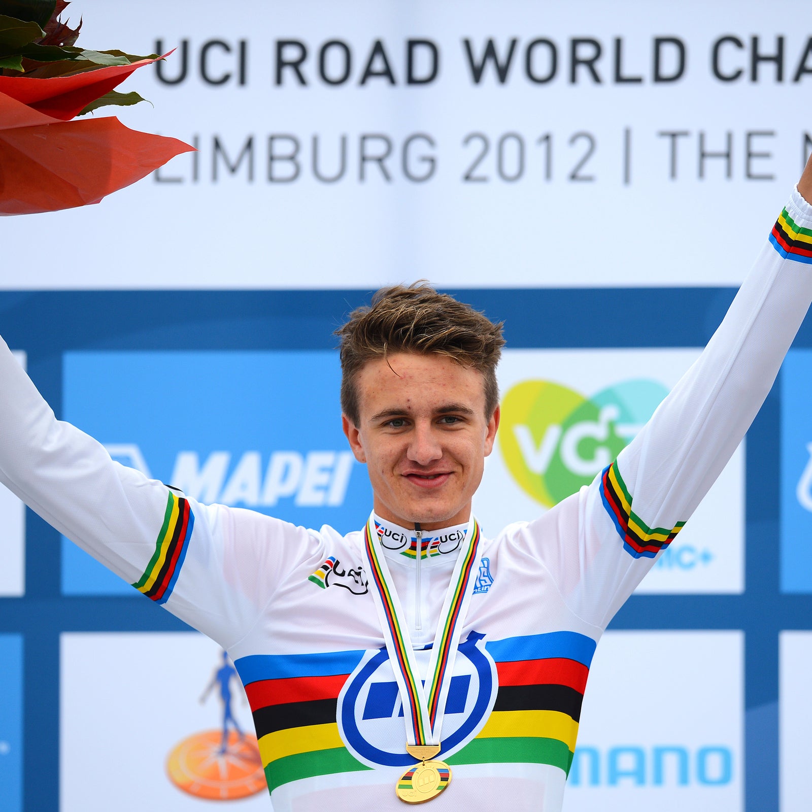 Oskar Svendsen after winning the 2012 Road World Championships