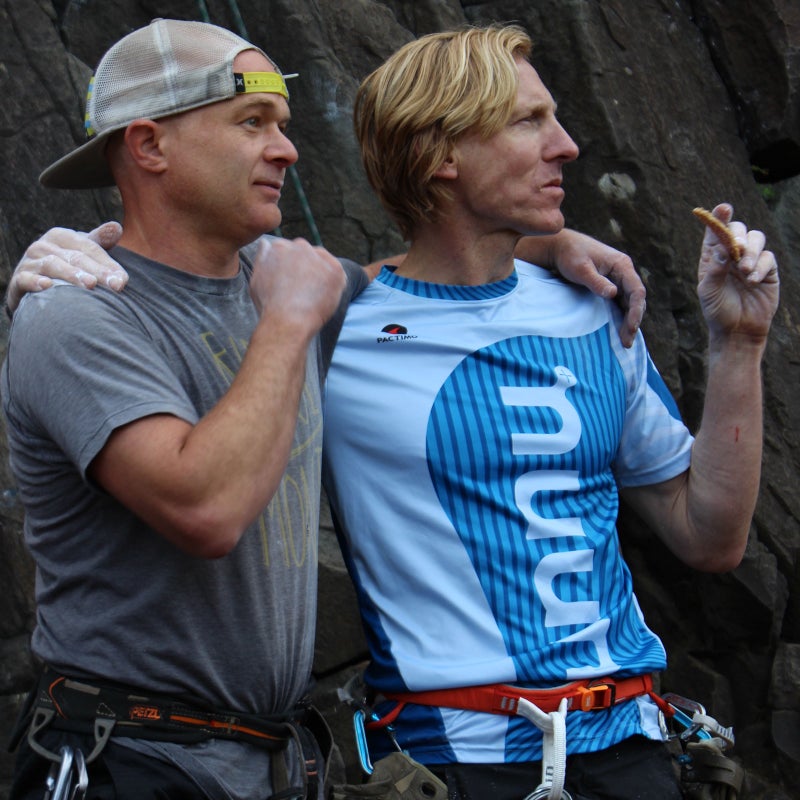 Pete Hoffmeister and Hans Florine prerace fueling at the Columns in Eugene, Oregon.