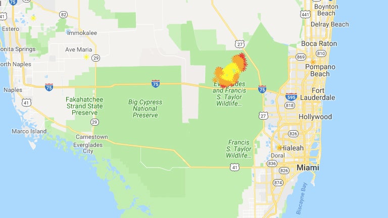 The Sawgrass Fire's current location and size.