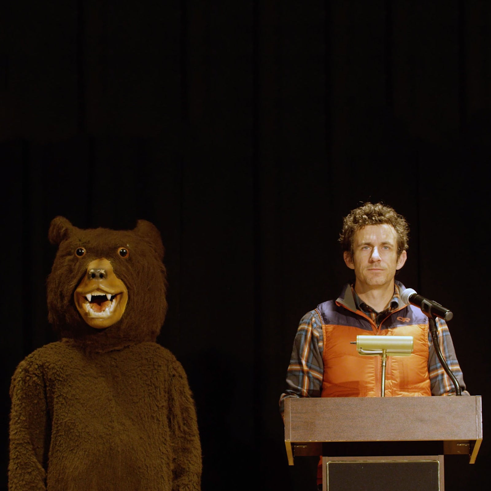 Leonard and his bear companion in a dramatic reading of Bears Don’t Care About Your Problems.