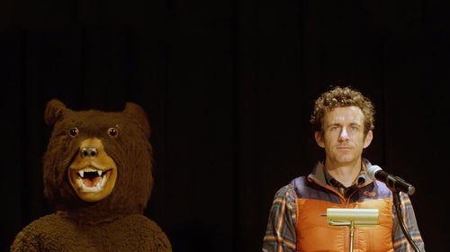 Leonard and his bear companion in a dramatic reading of Bears Don’t Care About Your Problems.