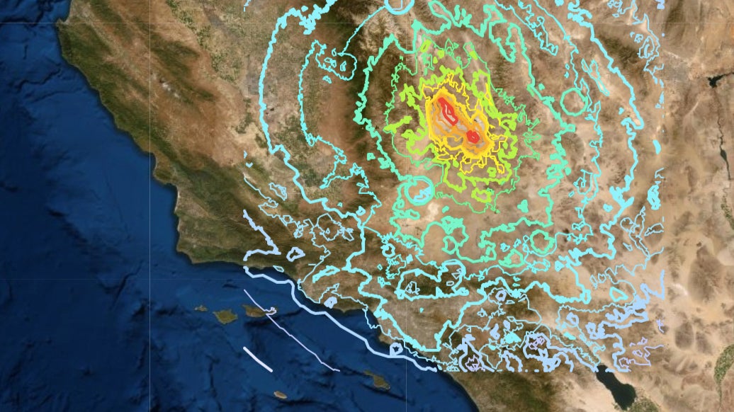 A shake map of the 7.1 magnitude earthquake that struck California on July 6, 2019. 