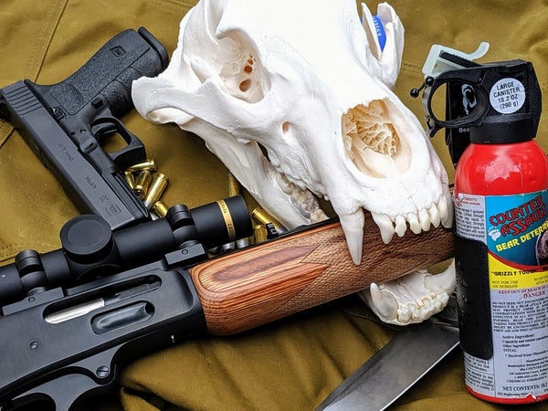 A brown bear skull taken on Kodiak Island, Alaska, along with bear-defense tools