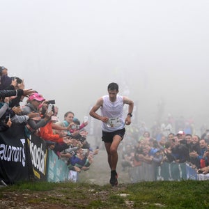 Killian Jornet finishing the Marathon of Mont-Blanc in 2017.