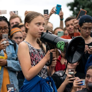 Greta Thunberg addresses a crowd outside the White House.