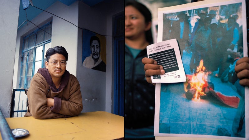 Gyaltsen Rangzen, a cousin of self-immolator Lobsang Jamyang; right, a scene from a march in McLeod Ganj on behalf of self-immolator Sonam Topgyal