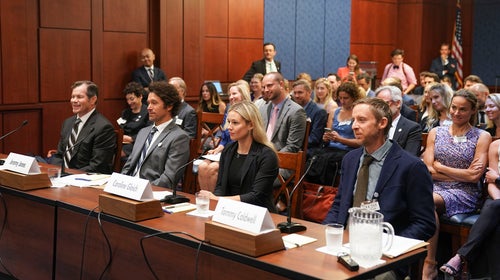 Caroline Gleich and Tommy Caldwell testify before the Senate Democrats’ Special Committee on the Climate Crisis.