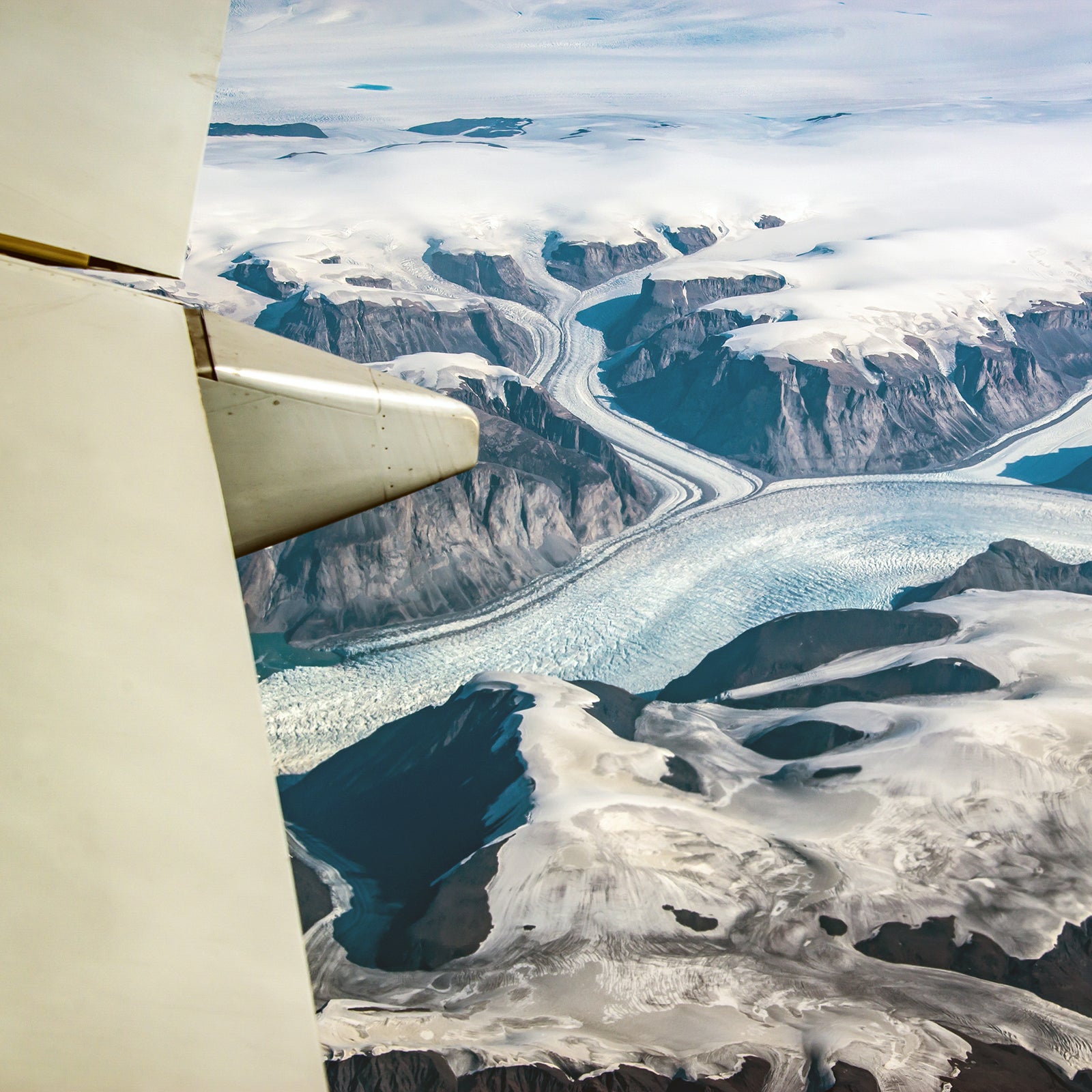 Fly over glacier and snow