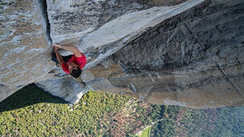 Alex Honnold climbs through the enduro corner on El Capitan's Freerider.