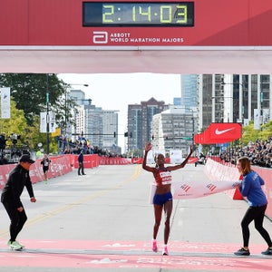 Brigid Kosgei breaks the world record to win the Chicago Marathon on October 13, 2019.