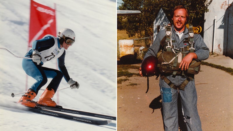 Ferrara downhill racing in Aspen, 1986; pre-skydive, early eighties