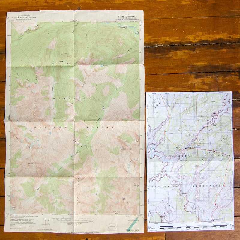Left: An original USGS 7.5-minute quadrangle. Right: A custom map based on the same map series, digitally annotated and exported to a print-ready 11-by-17-inch PDF using CalTopo.