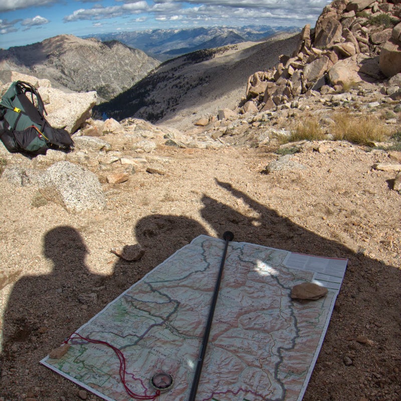 From Colby Pass in California’s Sequoia–Kings Canyon, we were intrigued by a prominent peak on the north horizon. Using our Trails Illustrated overview map, we concluded that it was Mount Goddard, 30 miles away and still inside the park.