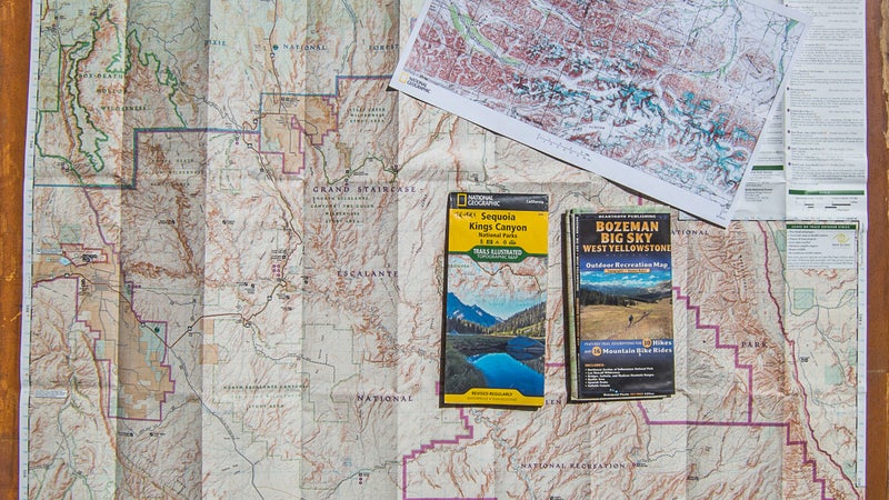 Here are several examples of overview maps. Commercial recreation maps are best, since they’re updated regularly and include more than just topographic data. When unavailable, I custom-print USGS 30-by-60-minute or 250K map series on 11-by-17-inch paper (upper right).