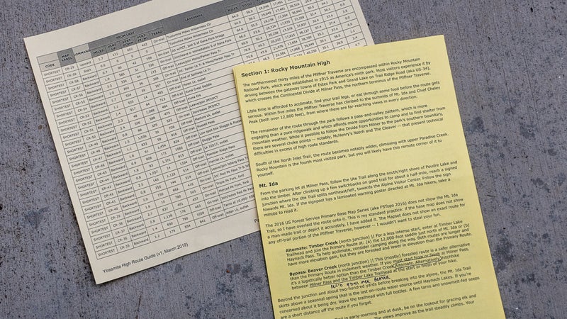 An example of a data sheet (left) and a route description (right)