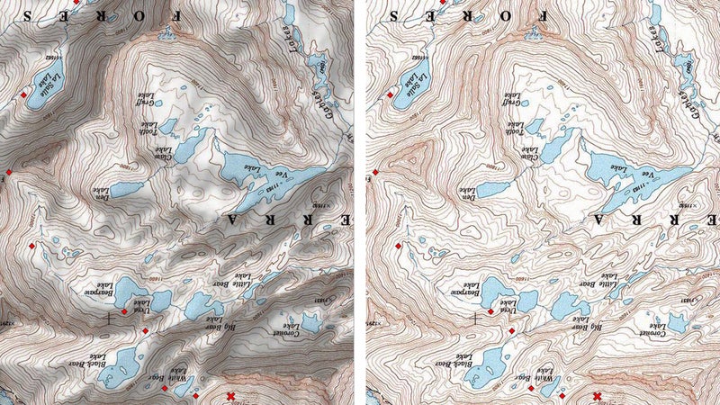 When a shaded relief map is viewed upside down (left), the shading can fool your eyes, making canyons look like ridgetops and mountains look like valleys. For field use, it’s better to use a map without shaded relief (right).