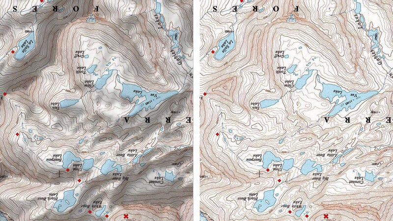 When a shaded relief map is viewed upside down (left), the shading can fool your eyes, making canyons look like ridgetops and mountains look like valleys. For field use, it鈥檚 better to use a map without shaded relief (right).