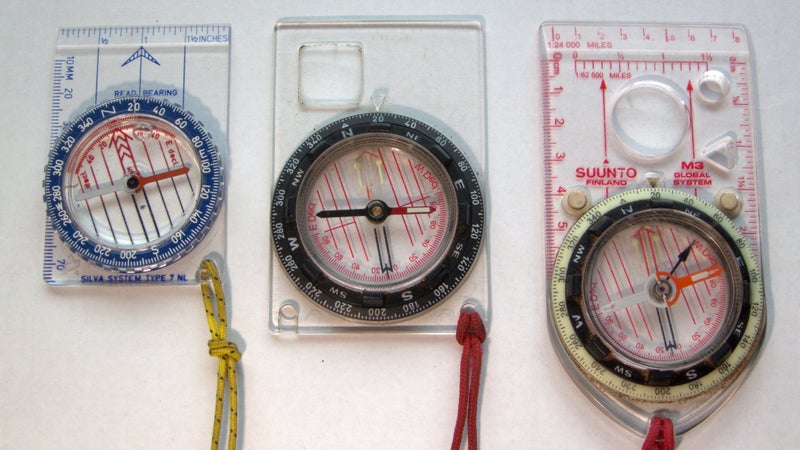 Good, better, best: The Silva Starter (left) is sufficient for occasional and basic use. The Suunto M-3G (right) is best for extensive navigation. And the Suunto M-3D Leader (center, an older version) is a more budget-friendly alternative than the M-3G but more advanced than the Starter.