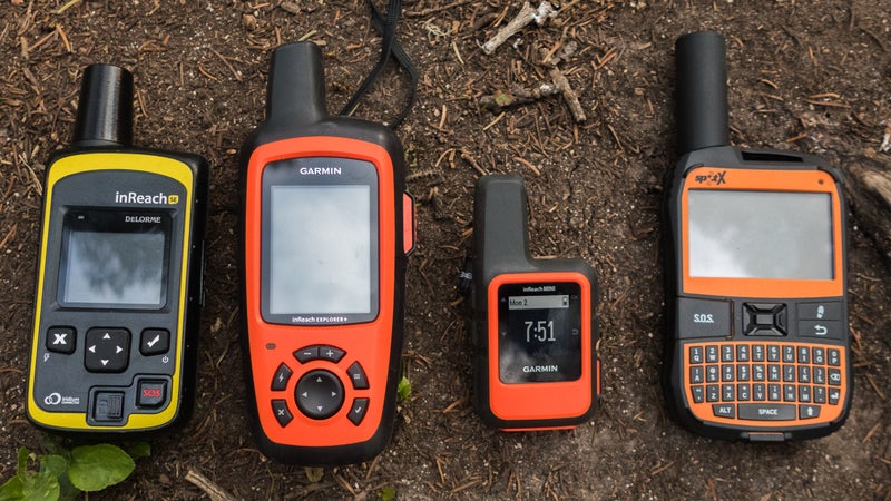 The inReach Explorer+ (second from left) combines inReach messaging with the functionality of a handheld GPS unit. With the older SE (far left) and Mini (third from left), you must use the Earthmate app. The Spot X (right) has two-way satellite messaging and crude GPS functionality.