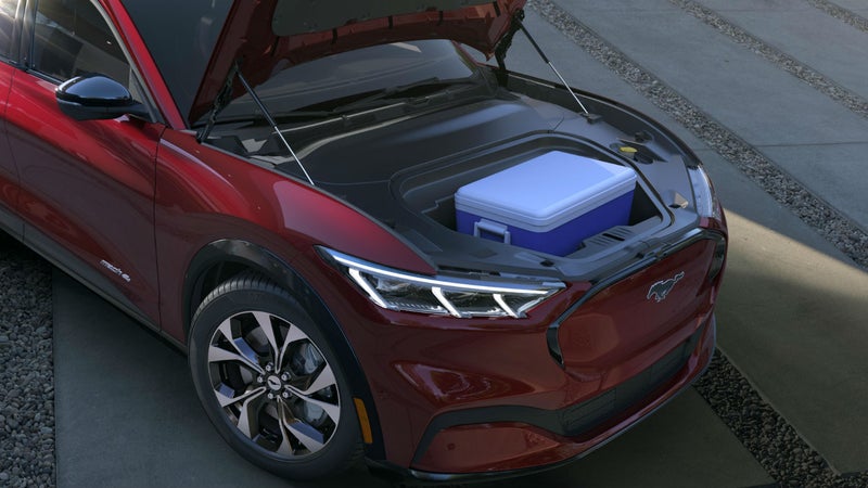 With no engine taking up space, there's room under the hood for storage. The Mach-E's frunk includes a drain plug.