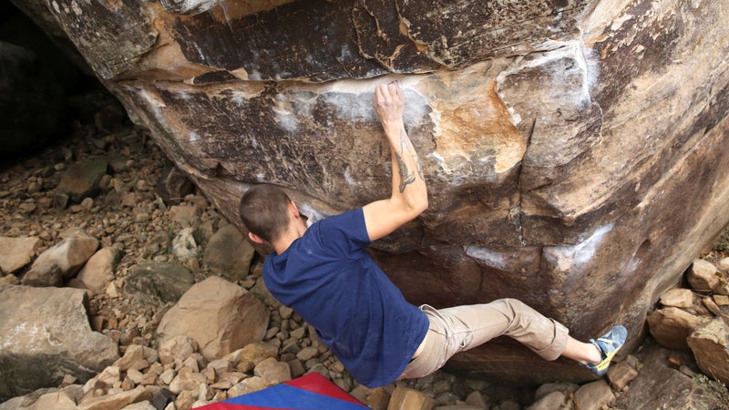 Santa Fe–based climber Har Simran Khalsa working out the beta to Calm Ethereal (V13) in the First Streambed area