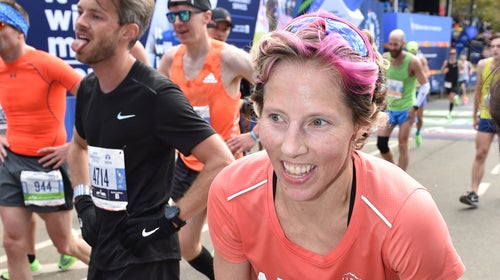Kikkan Randall crosses the finish line at the 2019 TCS New York City Marathon.