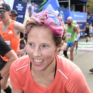 Kikkan Randall crosses the finish line at the 2019 TCS New York City Marathon.