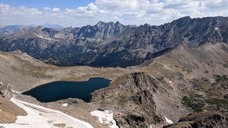 Looking north over Arapaho Pass and Lake Dorothy toward Apache Peak, Lost Tribe Lakes, and the west ridge of Lone Eagle Cirque