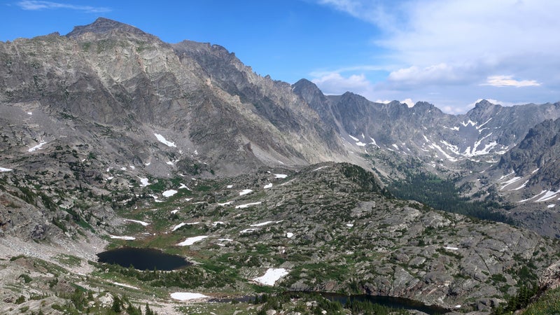 The Lost Tribe Lakes basin, as seen from its western edge at the top of the elk trail