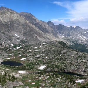 The Lost Tribe Lakes basin, as seen from its western edge at the top of the elk trail