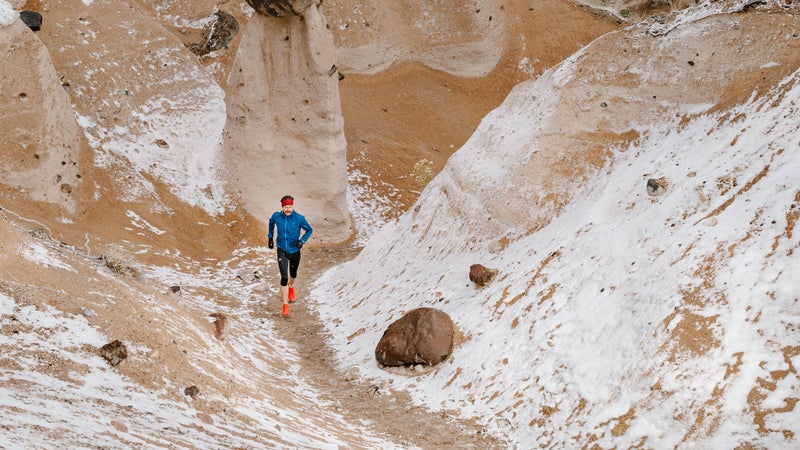 Gates navigates the snow-coated terrain of Kasha-Katuwe Tent Rocks National Monument, near Santa Fe, where he currently lives.