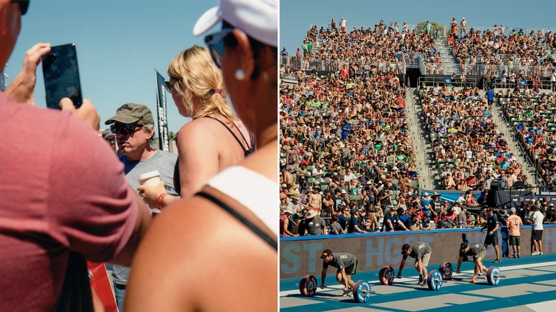 From left: Glassman navigates through a group of fans at the 2015 CrossFit Games; the crowd at the 2015 games