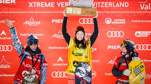 Podium finishers celebrate after the snowboard event at the Verbier Xtreme Freeride World Tour finals in 2019.