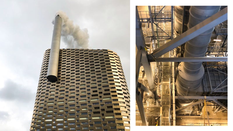 From left: CopenHill鈥檚 tallest face; the waste-to-energy plant that's housed within the structure