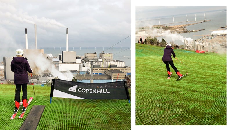 From left: The starting point of the ski run at the top of CopenHill. It鈥檚 steeper than it looks.