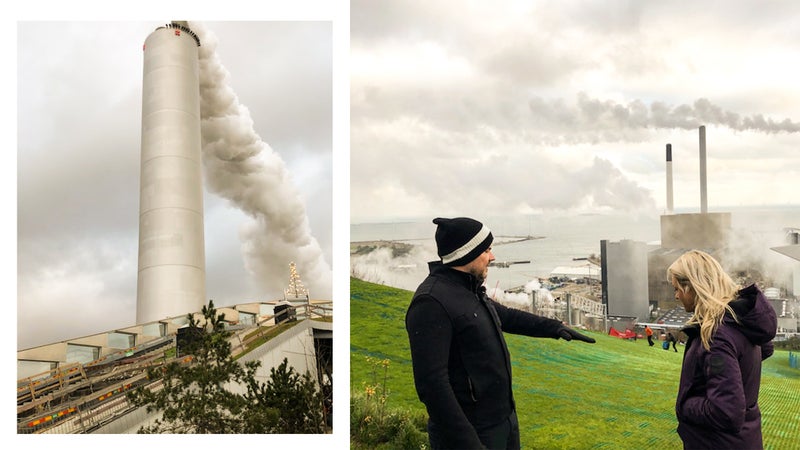 From left: CopenHill’s towering smokestack; architect Bjarke Ingels (left) talking with British skier Chemmy Alcott, a four-time Olympian