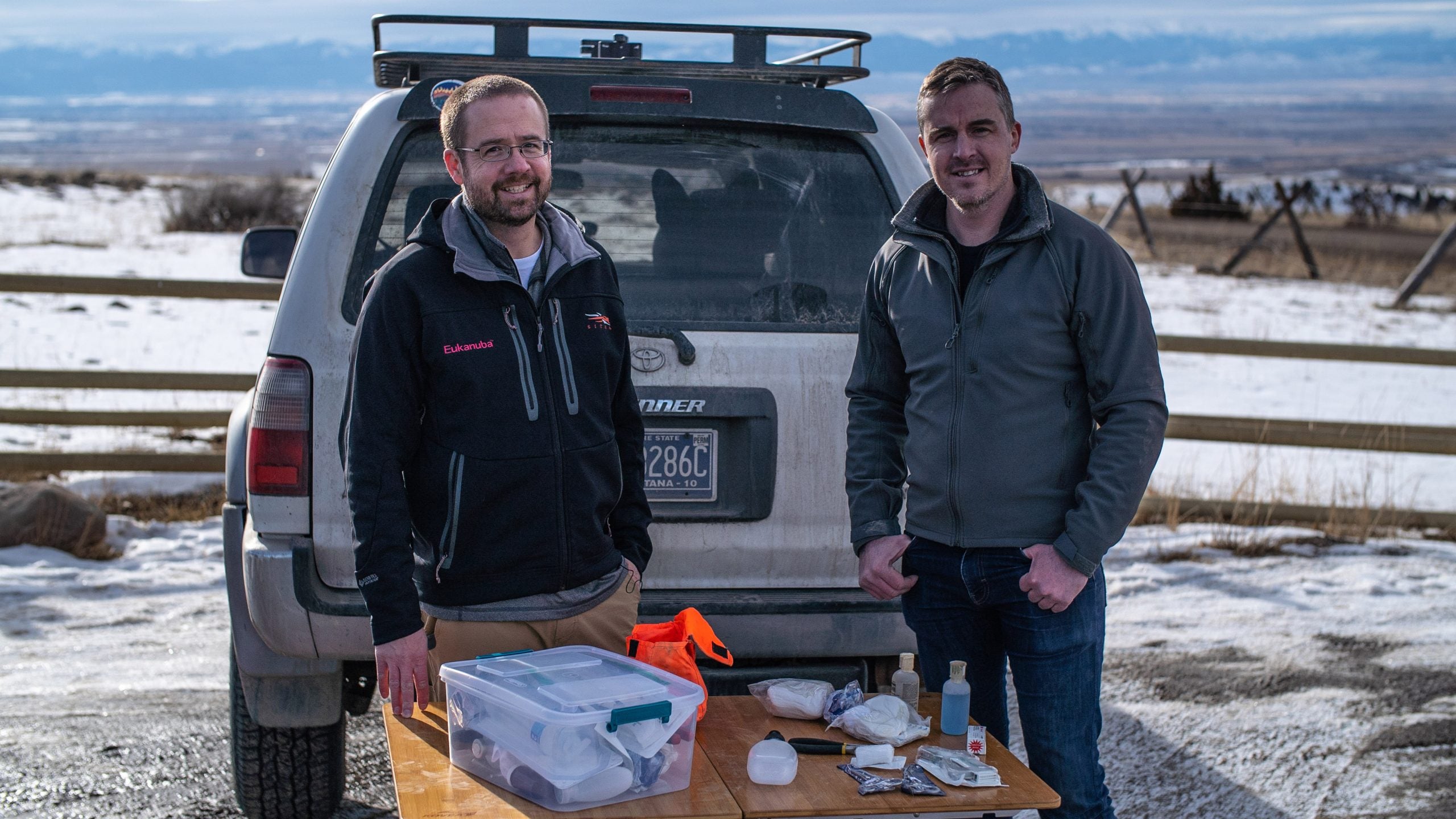 Joe Spoo and Wes Siler, with their dog first aid kit.