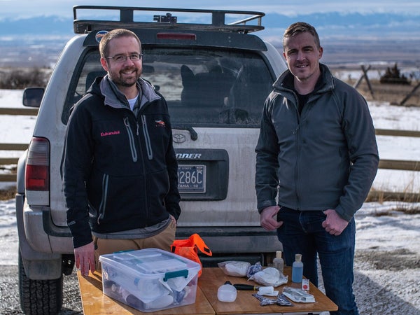Joe Spoo and Wes Siler, with their dog first aid kit.