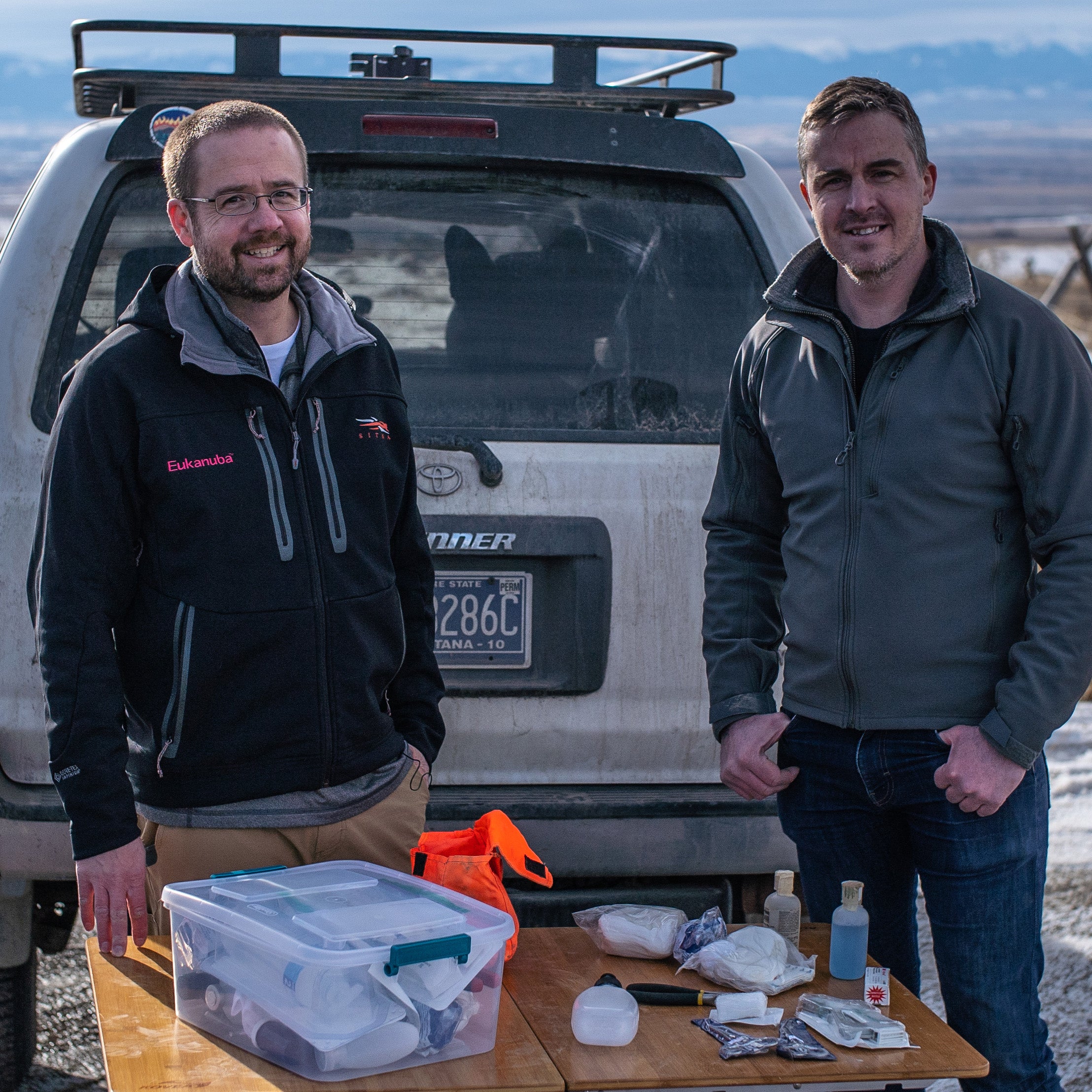 Joe Spoo and Wes Siler with their dog first aid kit.