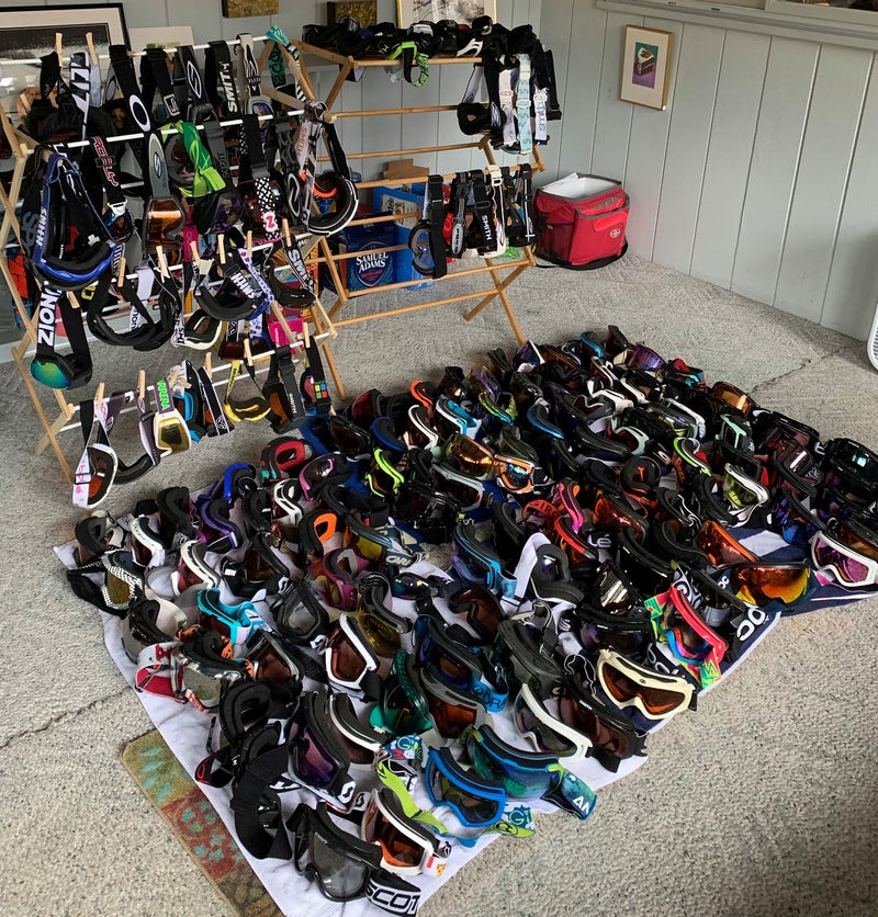 A collection of goggles being cleaned and shipped by skiers at Windham Mountain in eastern New York