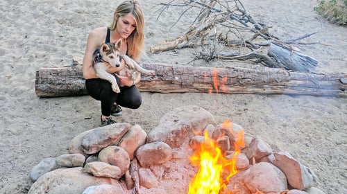 My wife, Virginia, introduces Bowie to fire for the first time.