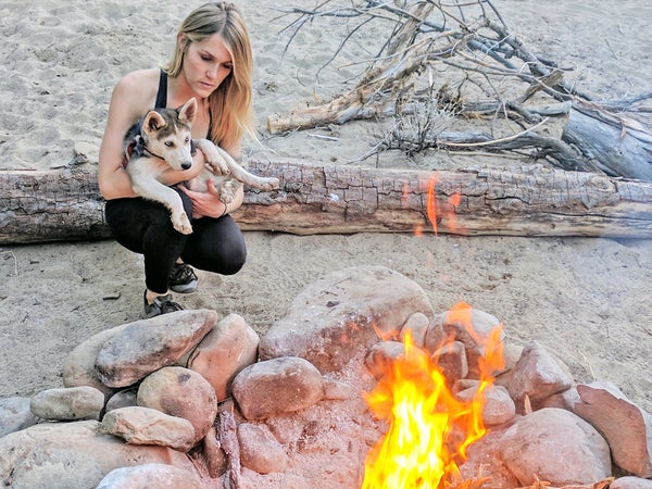 My wife, Virginia, introduces Bowie to fire for the first time.