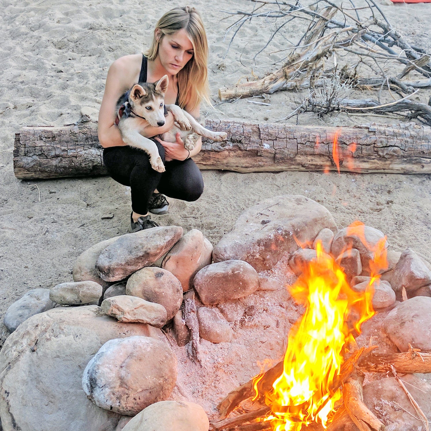 My wife, Virginia, introduces Bowie to fire for the first time.