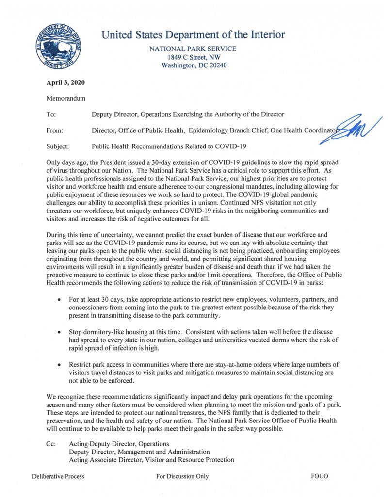 A memo sent internally by NPS on April 3.